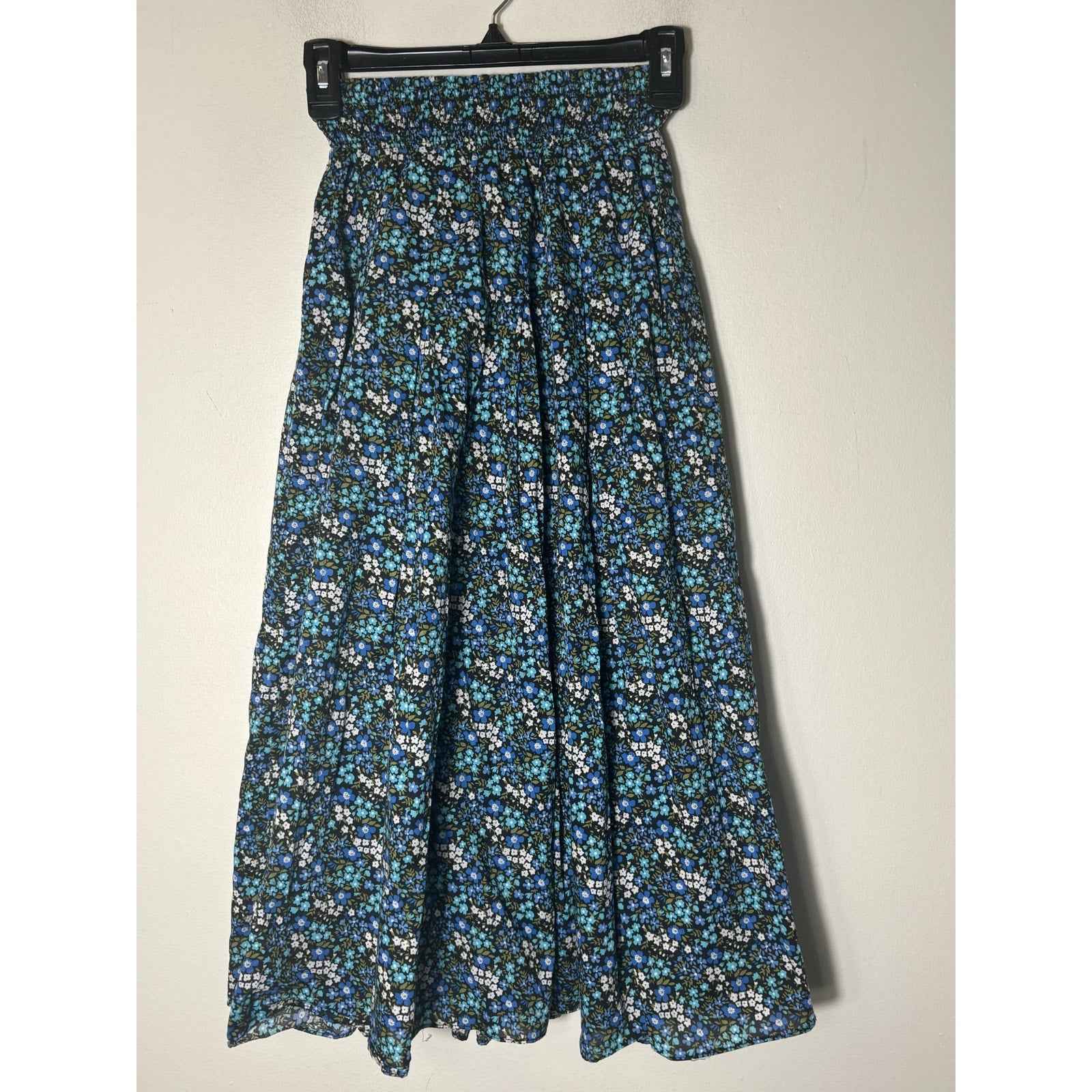 Buru Navy Blue Floral Smocked Waist Midi Skirt Sz xs