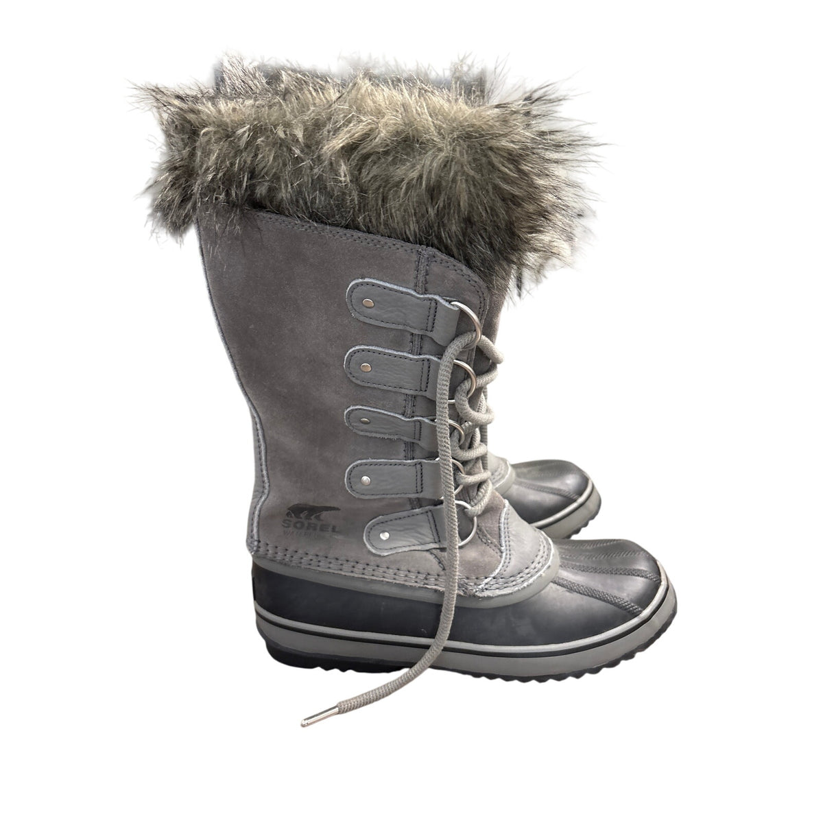 Sorel Gray and Black Fur Trimmed High Lace Up Boots Sz 8.5
