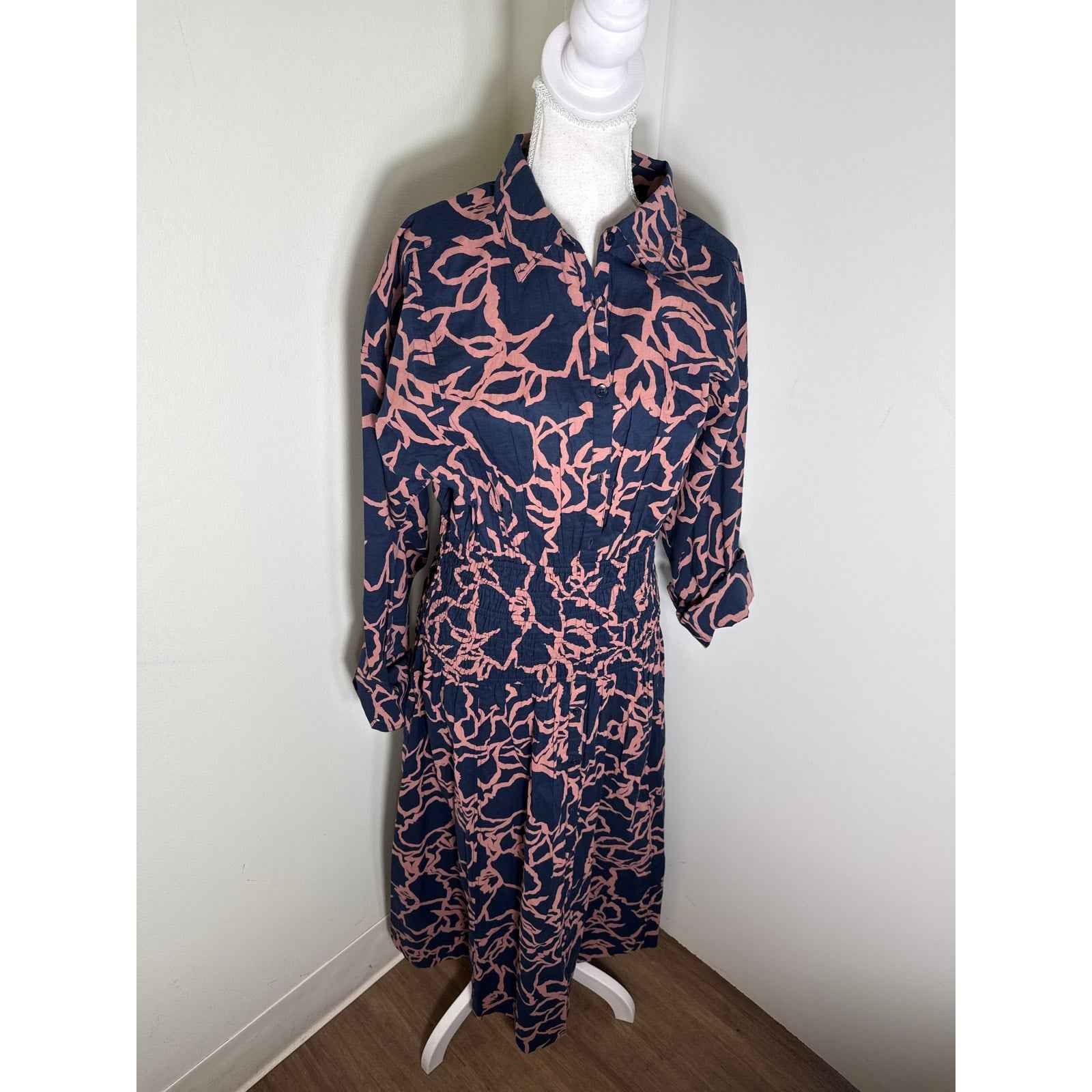 Apiece Apart Navy and Brown Long Sleeve Button Up Cotton Maxi Dress Sz M