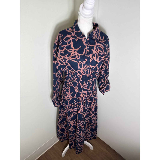 Apiece Apart Navy and Brown Long Sleeve Button Up Cotton Maxi Dress Sz M