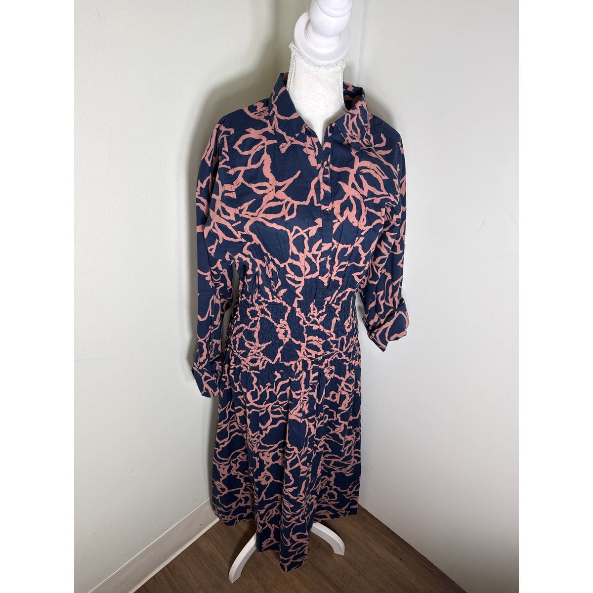 Apiece Apart Navy and Brown Long Sleeve Button Up Cotton Maxi Dress Sz M