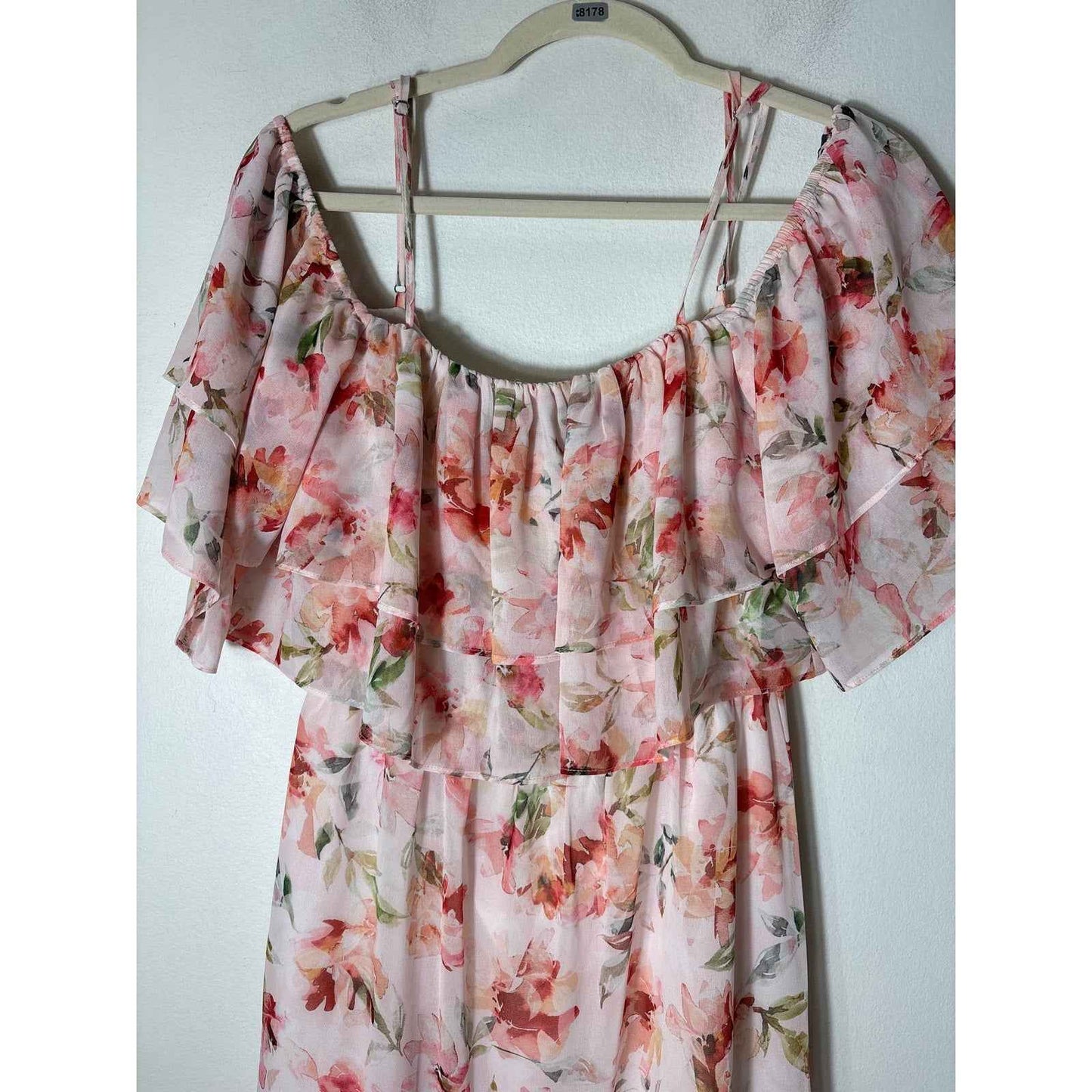BB Dakota Peachy Pink Floral Off the Shoulder Ruffle MAxi Dress Sz XS