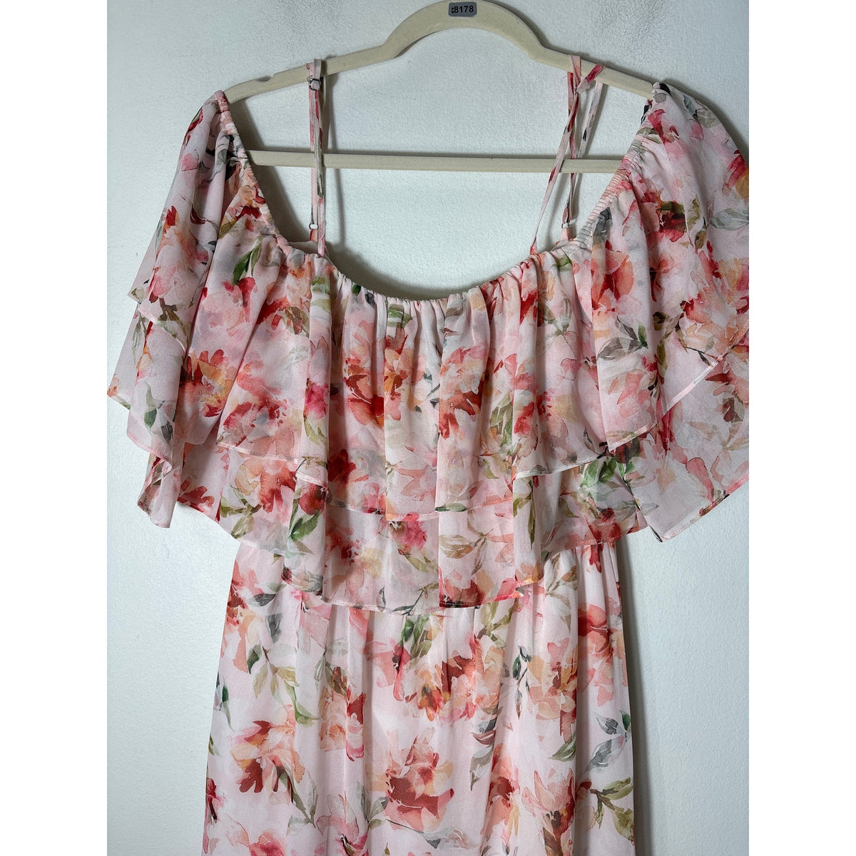 BB Dakota Peachy Pink Floral Off the Shoulder Ruffle MAxi Dress Sz XS