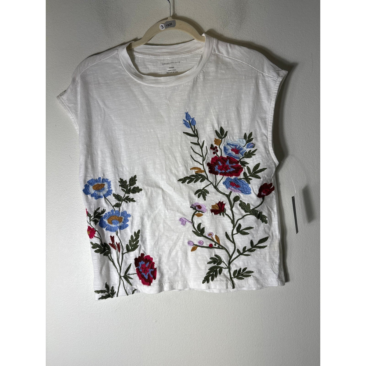 NWT Anthropologie Flower Embroidery Muscle Tee Sz XXSP