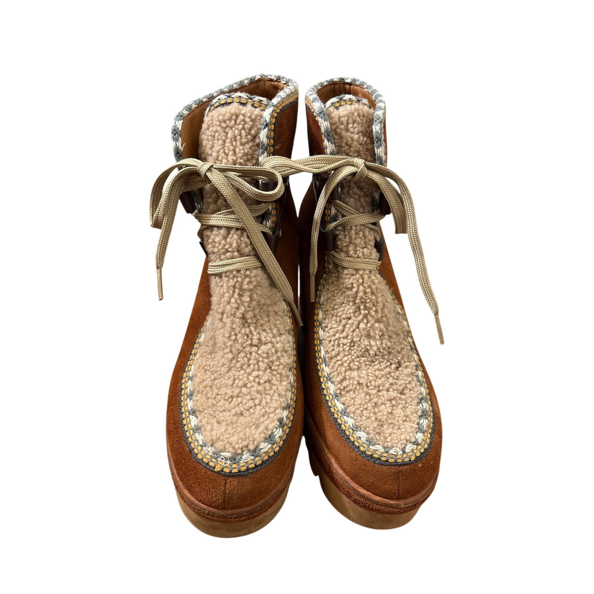 See By Chloe Brown Suede and Shearling Platform Wedge Boot Sz 41 (10.5)