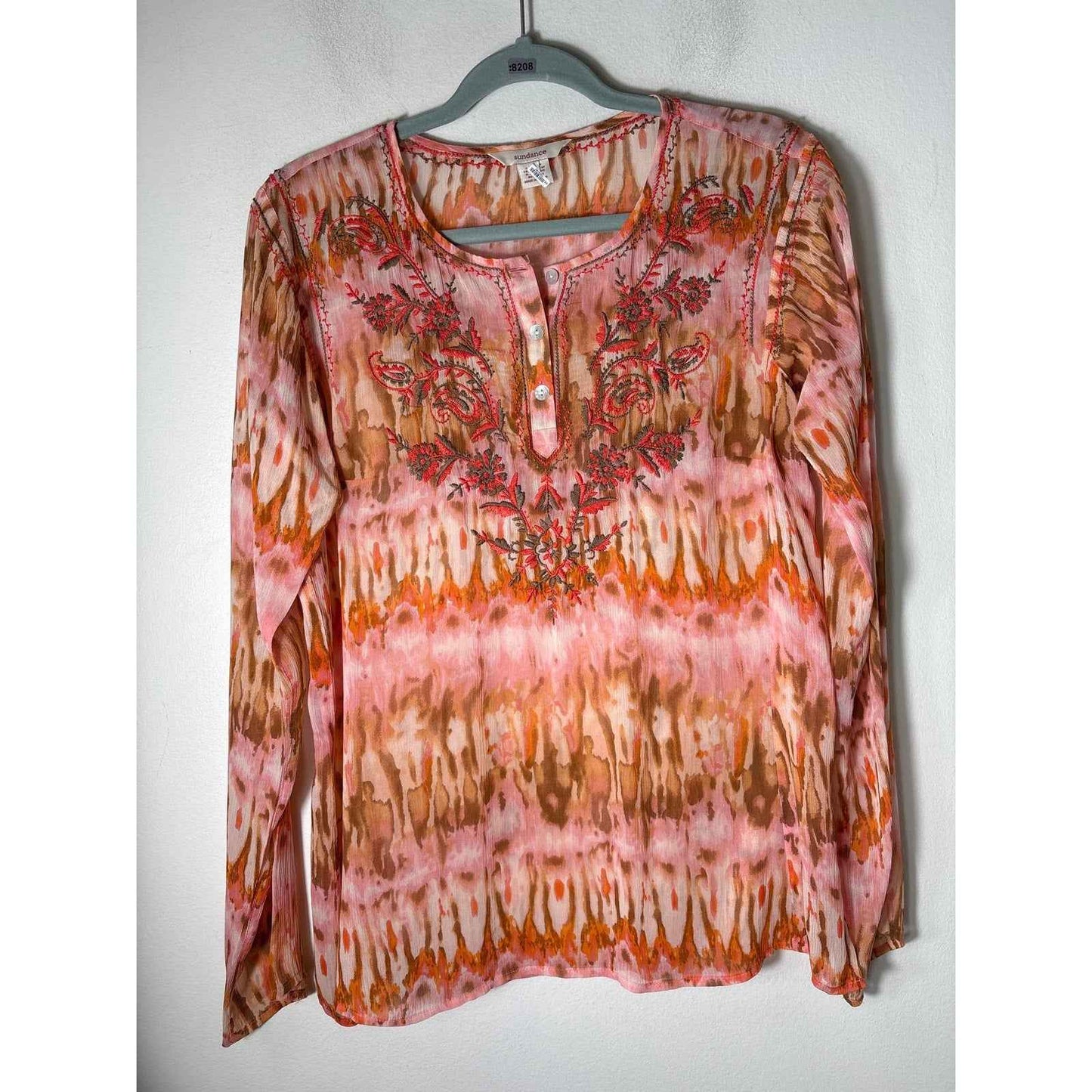 Sundance Orange Embroidered Long Sleeve Sheer Blouse Sz M