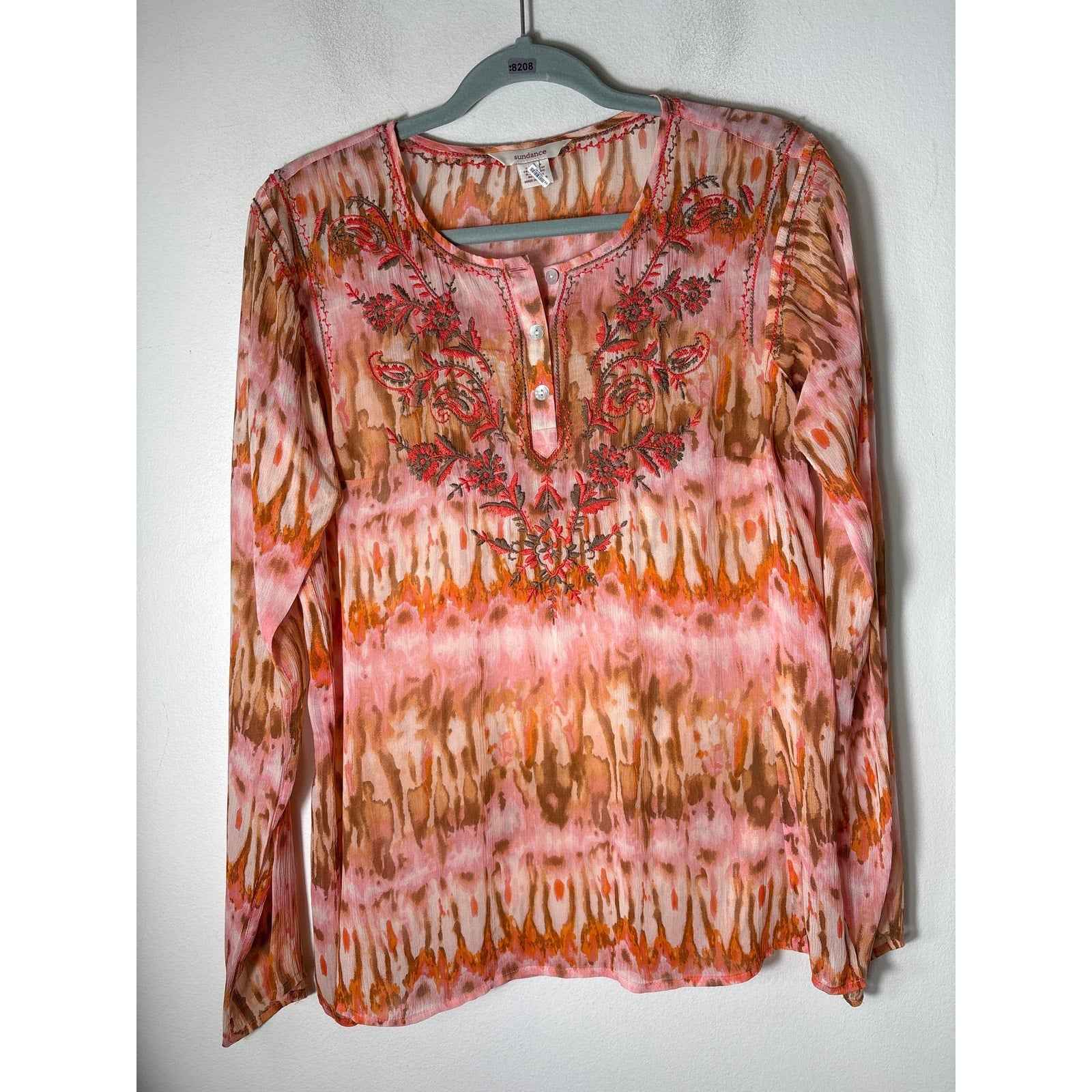 Sundance Orange Embroidered Long Sleeve Sheer Blouse Sz M