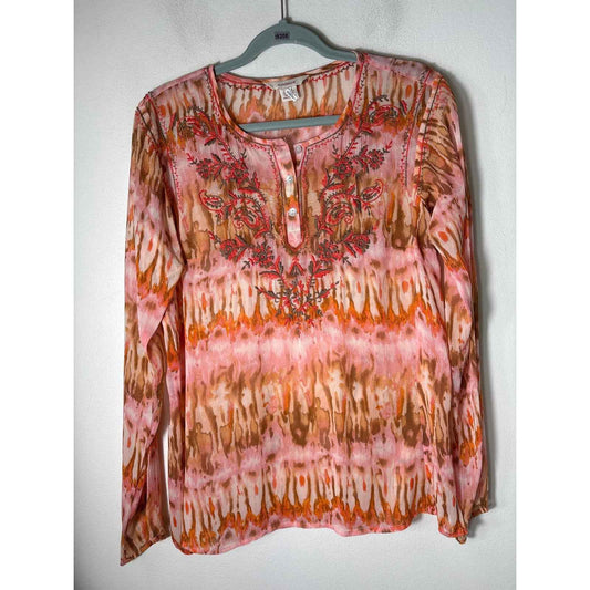 Sundance Orange Embroidered Long Sleeve Sheer Blouse Sz M
