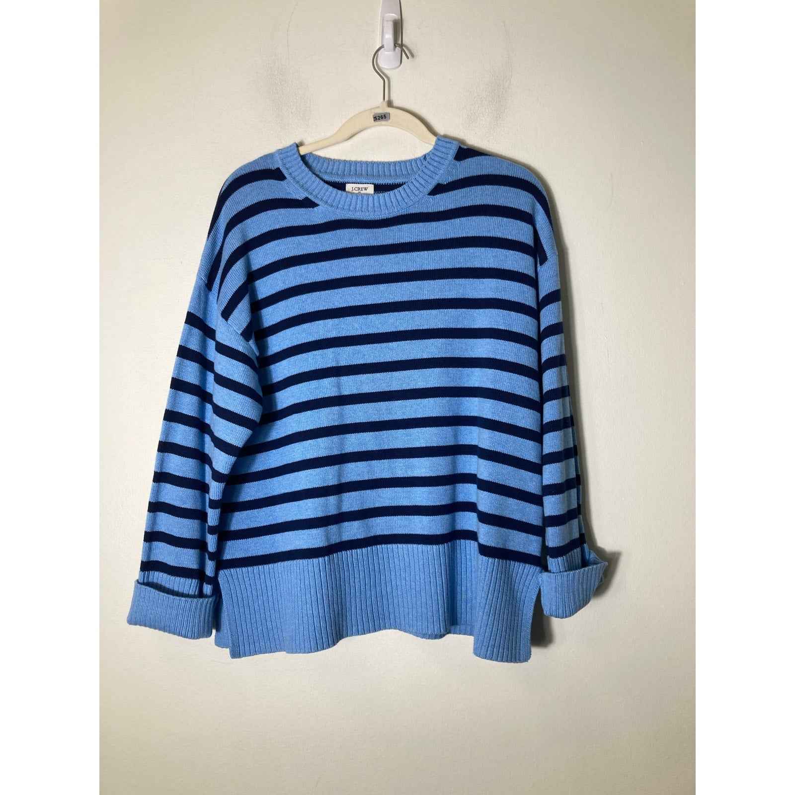 J. Crew Blue and Navy Stripe Long Sleeve Cotton Crewneck Sweater Sz M