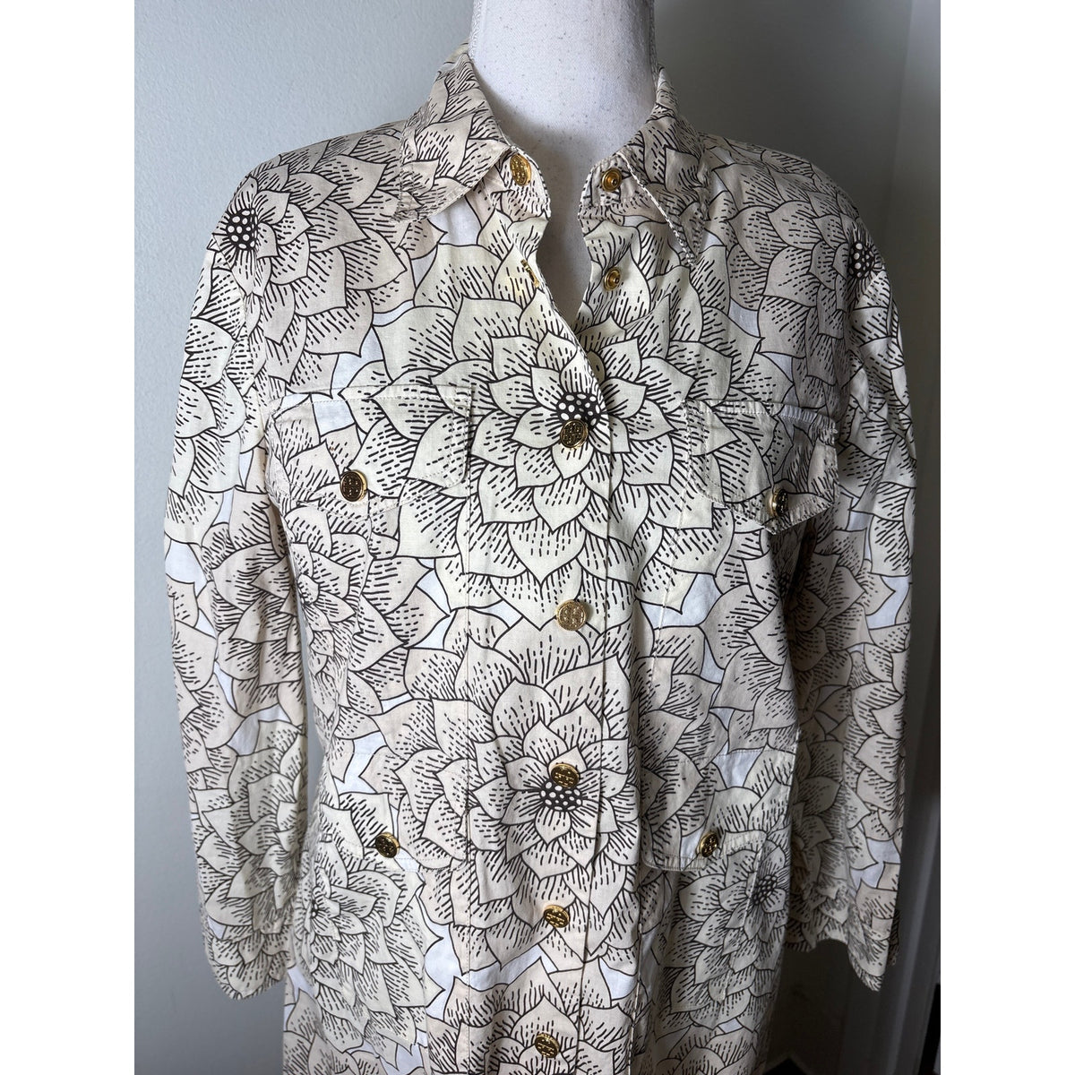 Tory Burch Off White Lotus Long Sleeve Snap Up Midi Dress Sz 12