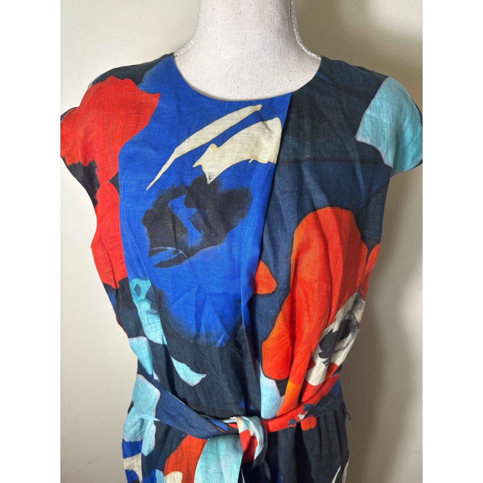Ann Mashburn Blue Red Cap Sleeve Linen Maxi Dress Sz L