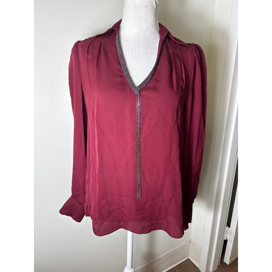 Elie Tahari Merlot Silk With Metal Beading/Chain Detail Blouse Sz XS