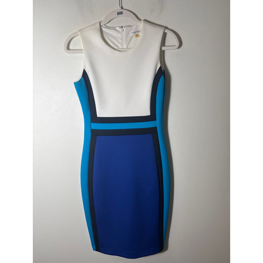 Calvin Klein White Blue Colorblock Sleeveless Midi Dress Sz 4