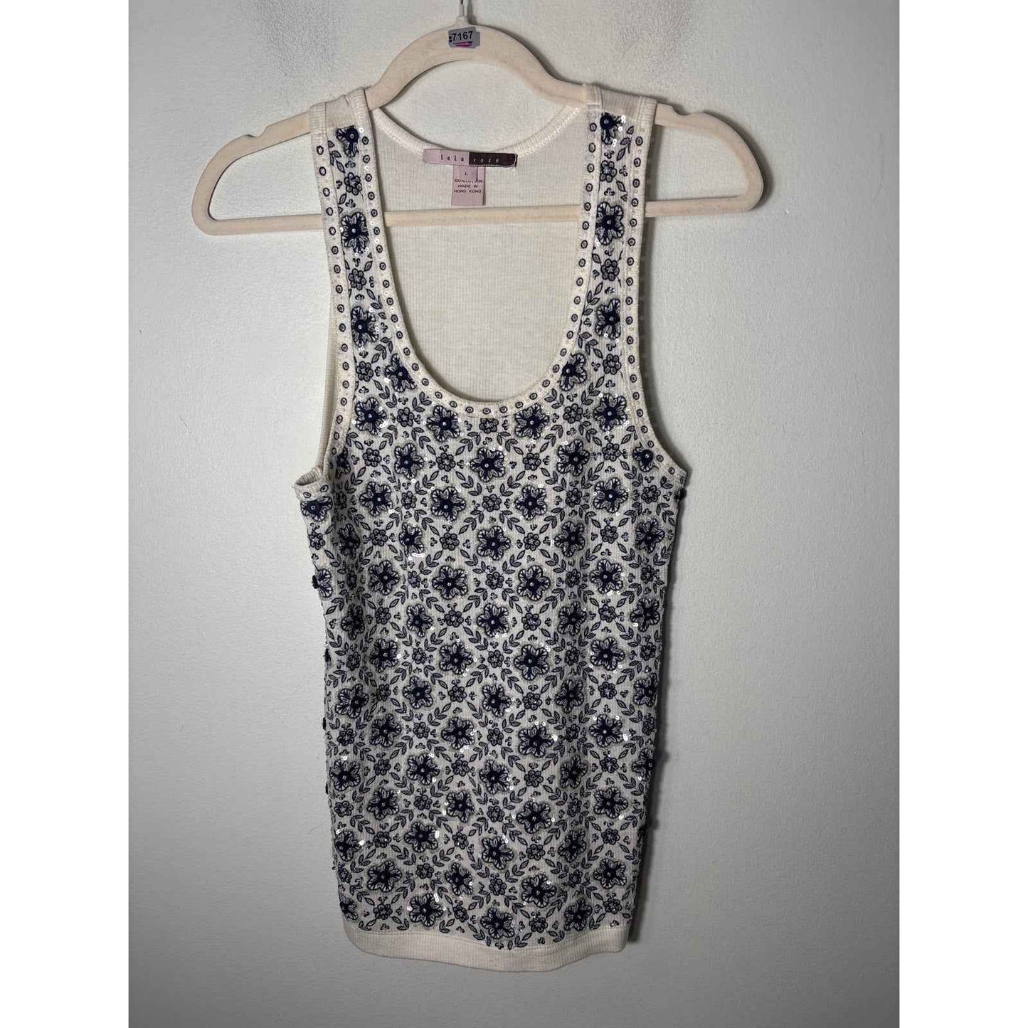 Lela Rose Cream and Navy Cotton Ribbed Embroidered Tank Sz L