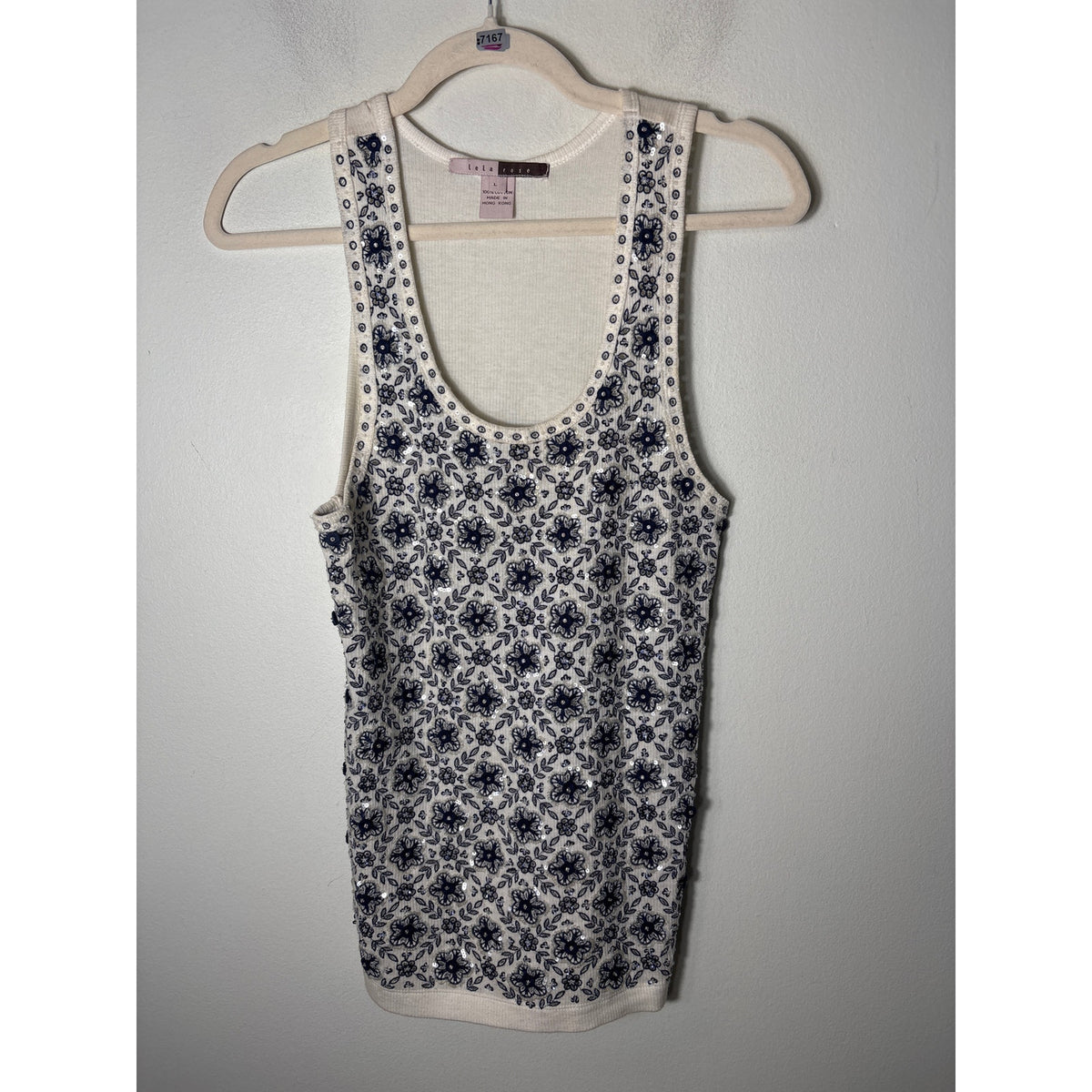 Lela Rose Cream and Navy Cotton Ribbed Embroidered Tank Sz L