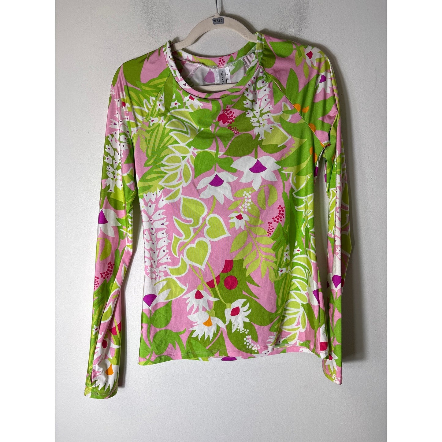 Trina Turk Pink Green Palma Swim Long Sleeve Rash Guard Sz L