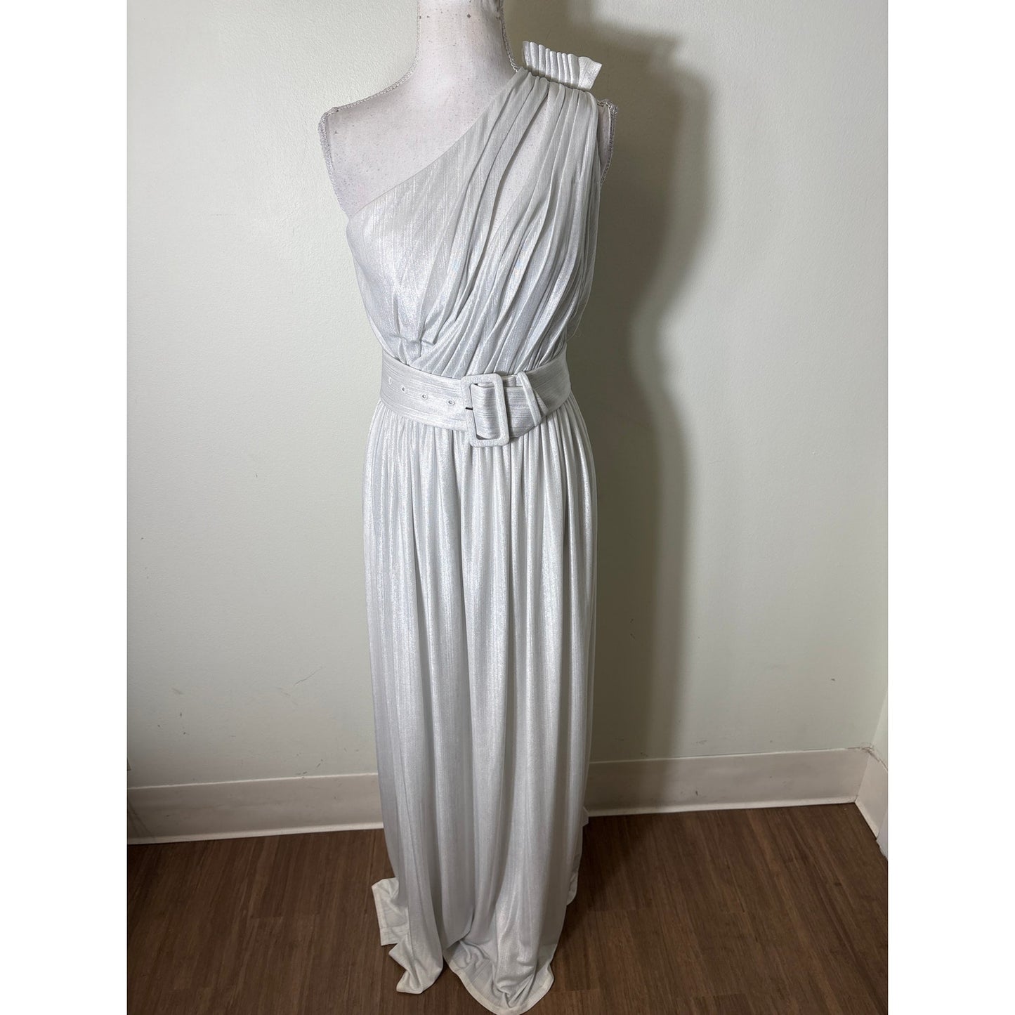 Retrofete Silver One Shoulder Belted Gown Sz xs