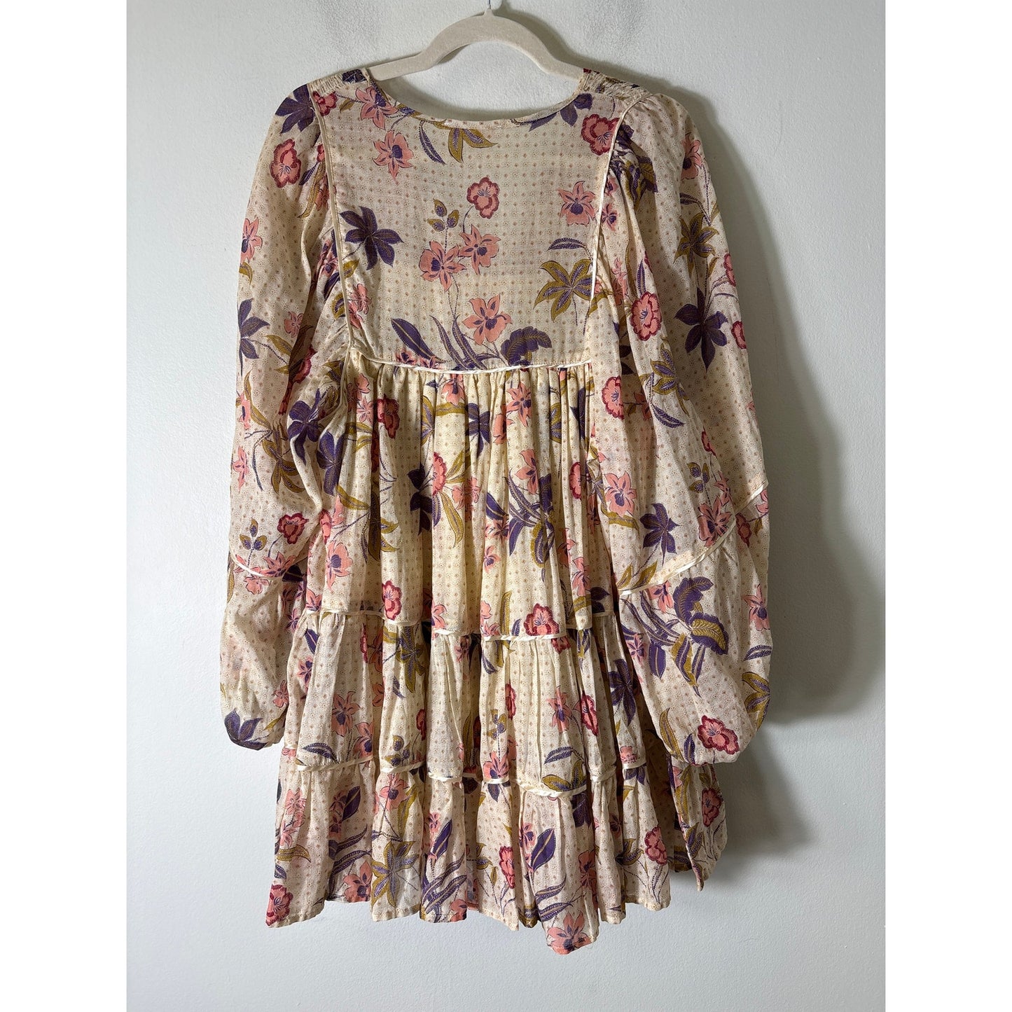 Olivaceous Beige and Pink Floral Long Puff Sleeve Tiered Mini Dress Sz S