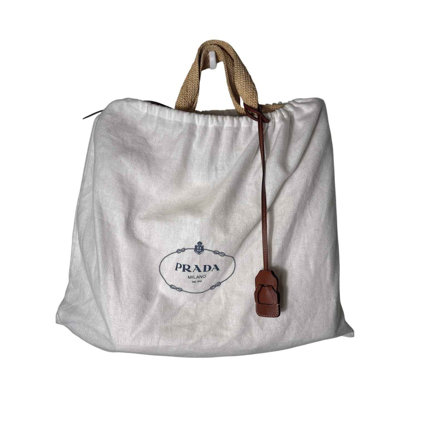 Prada Triangle Logo Shopping Tote Crochet Raffia Large with Dust Bag