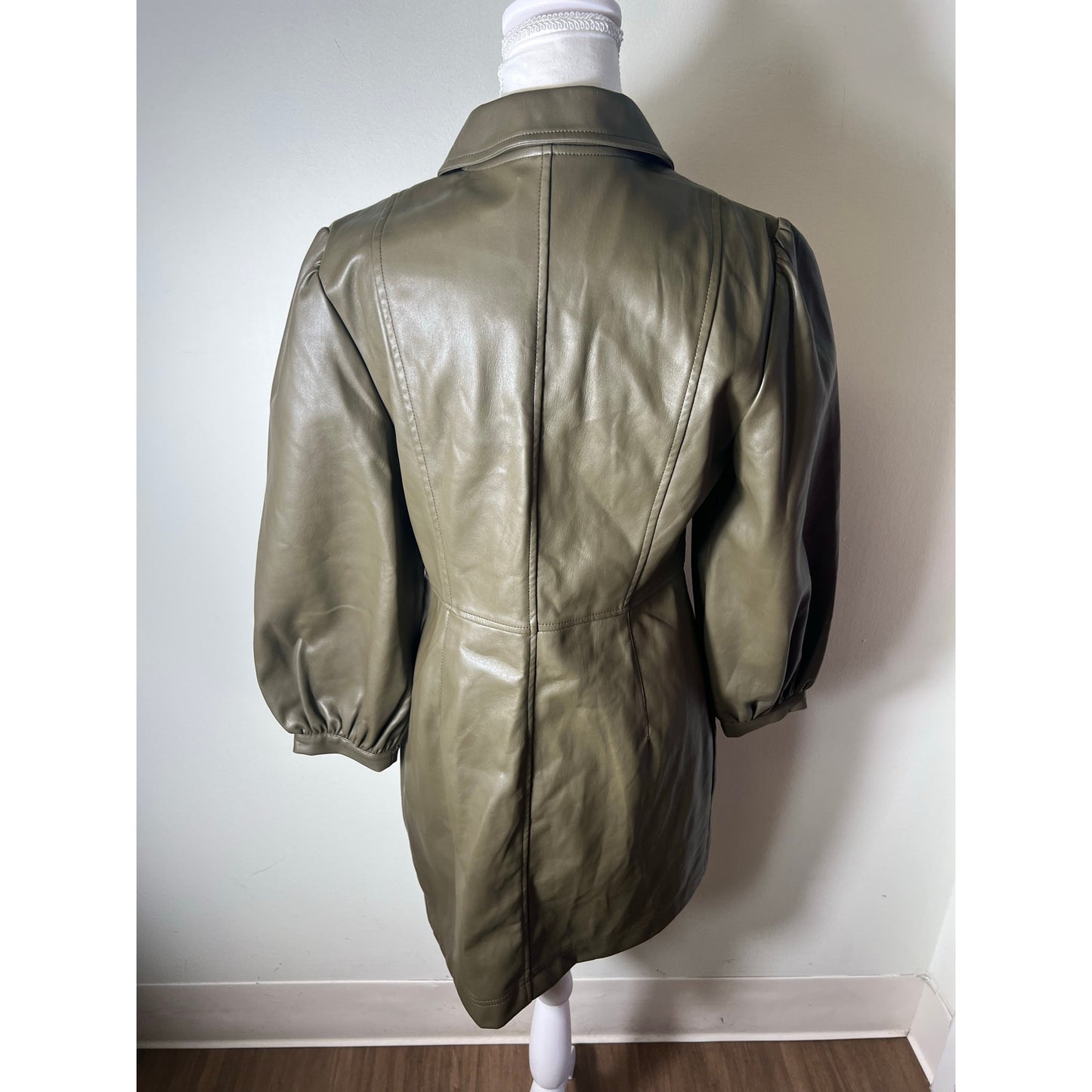 Top Shop Olive Green Faux Leather Long Sleeve Button Up Mini Dress Sz 8
