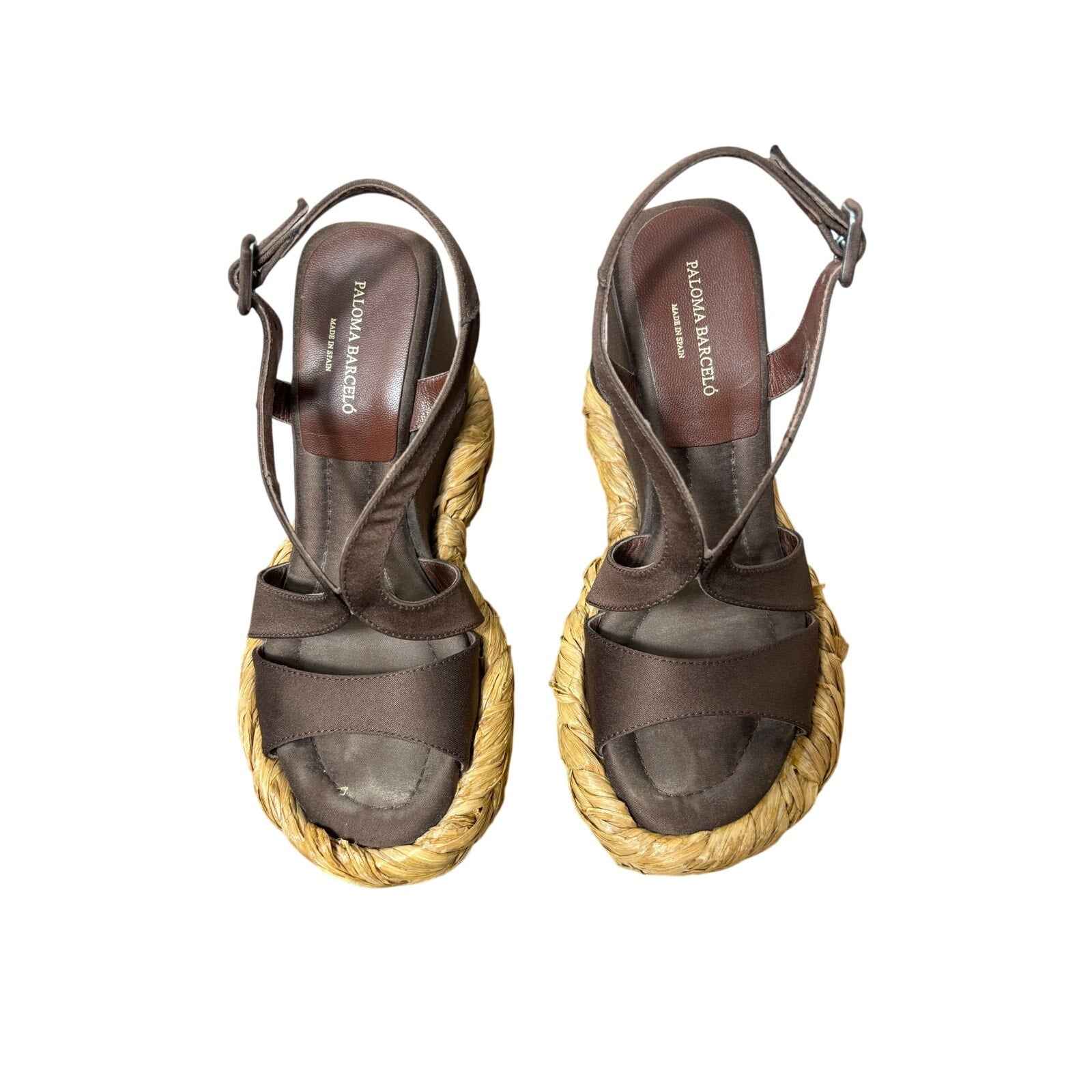 Paloma Barcelo Brown Raffia Wedge Platform Sandal Sz 38