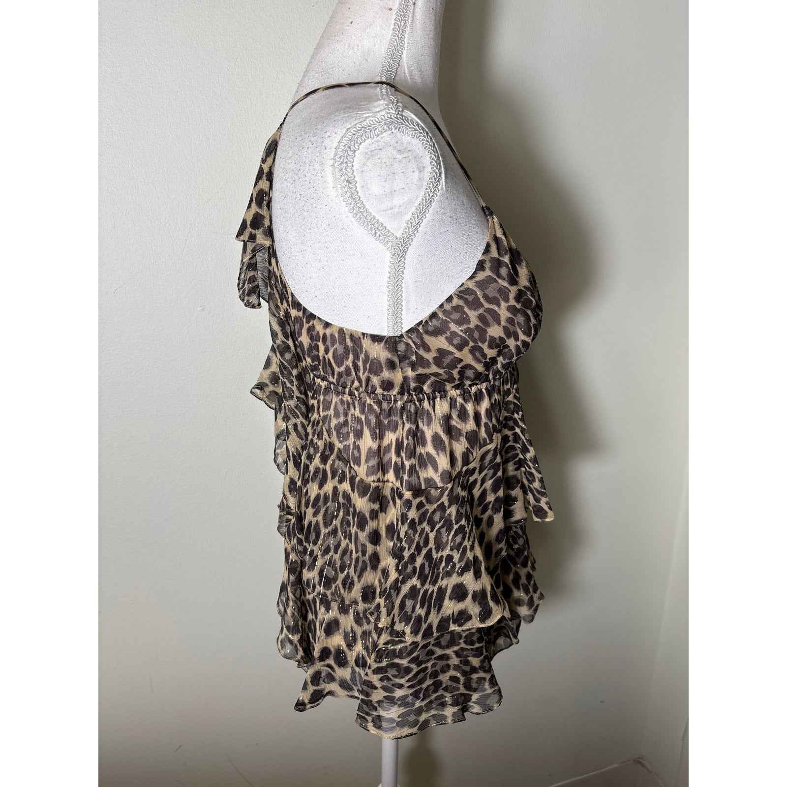 Rebecca Taylor Tan Gray Cheetah Print Spaghetti Strap Silk Top Sz 4