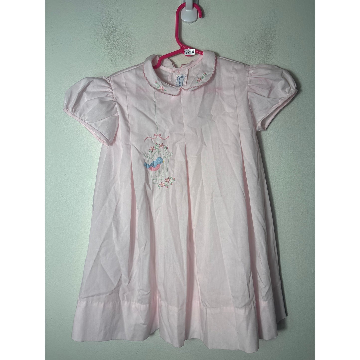 Girls Vintage Imperial Pink Puff Sleeve dress with embroidered bird Sz 5