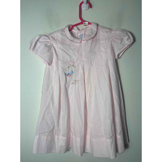Girls Vintage Imperial Pink Puff Sleeve dress with embroidered bird Sz 5
