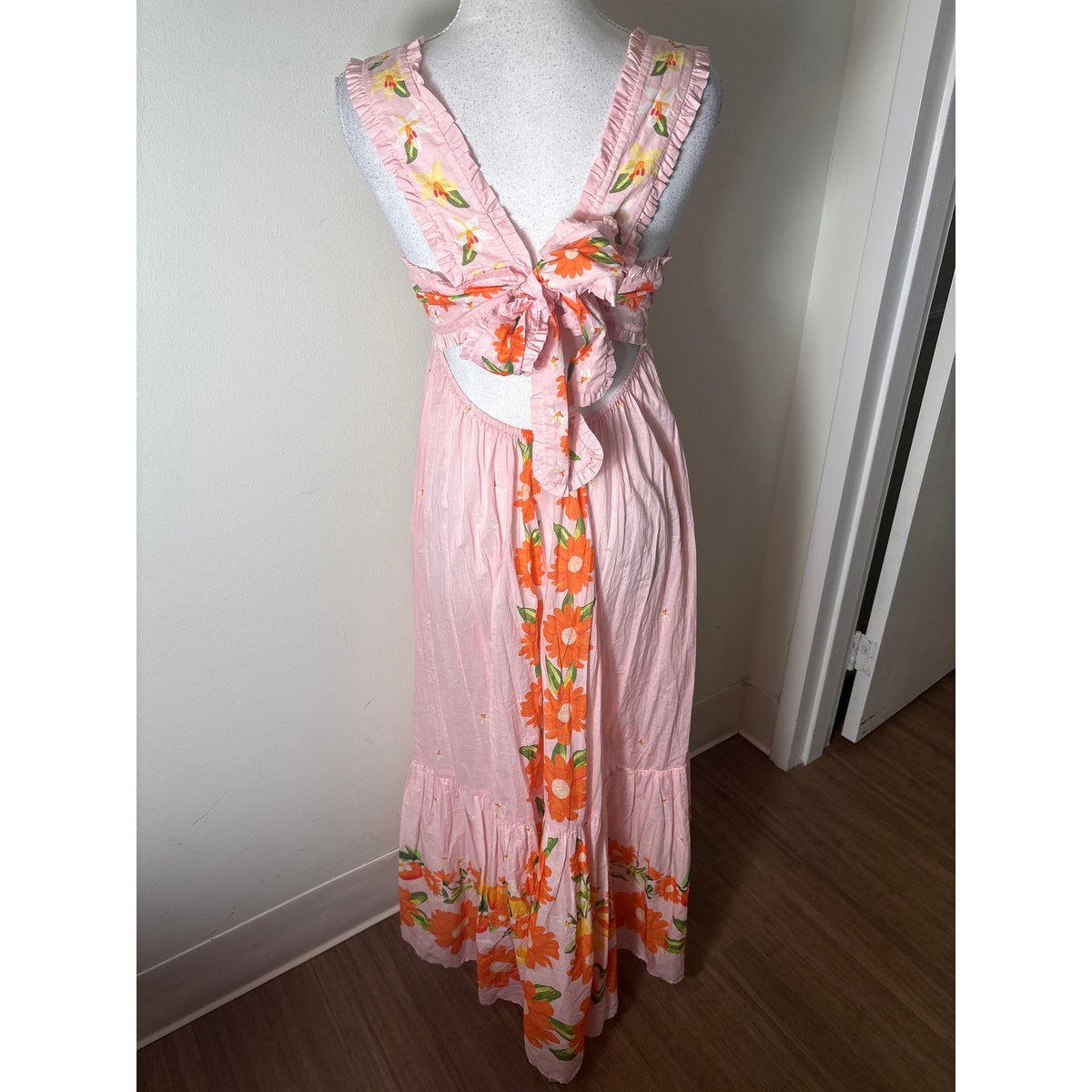 FArm Rio Pink Orange Floral Backless Cotton Maxi Dress Sz S