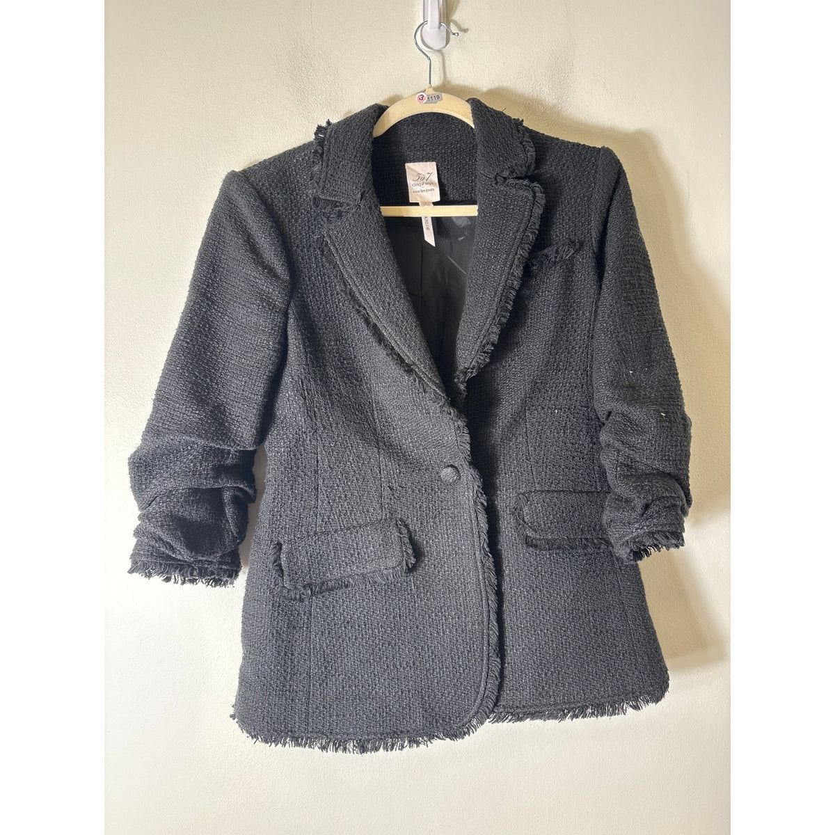 Cinq a Sept Black Tweed Long Ruched Sleeve Blazer Sz 4