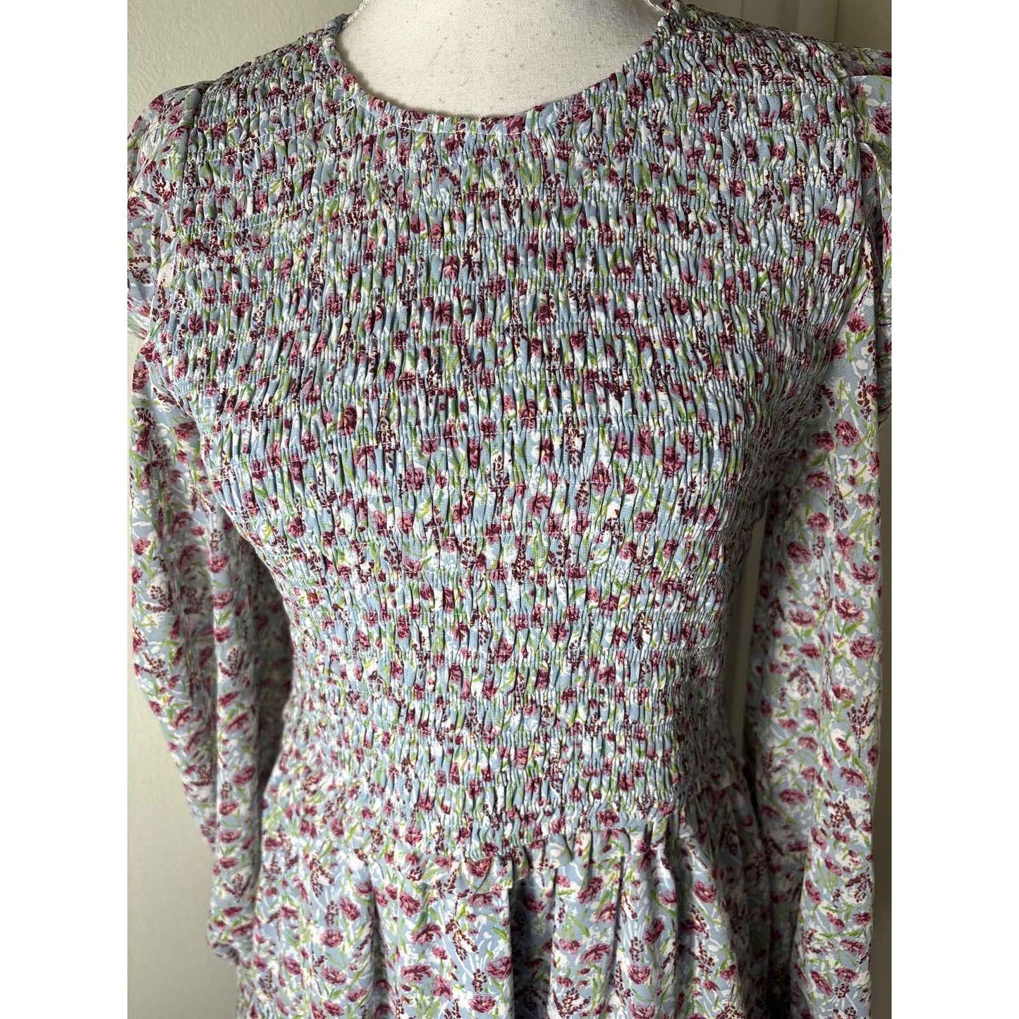 Allison New York Light Blue Floral Long Puff Sleeve Knee Length Sz M