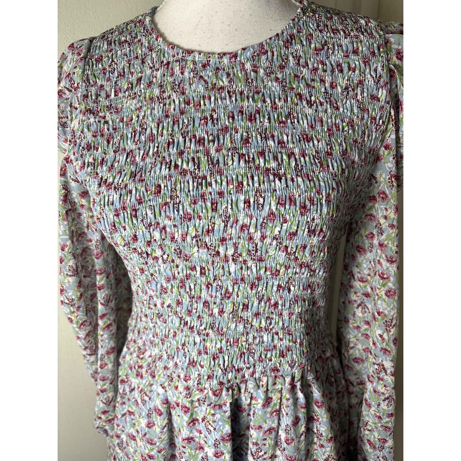 Allison New York Light Blue Floral Long Puff Sleeve Knee Length Sz M