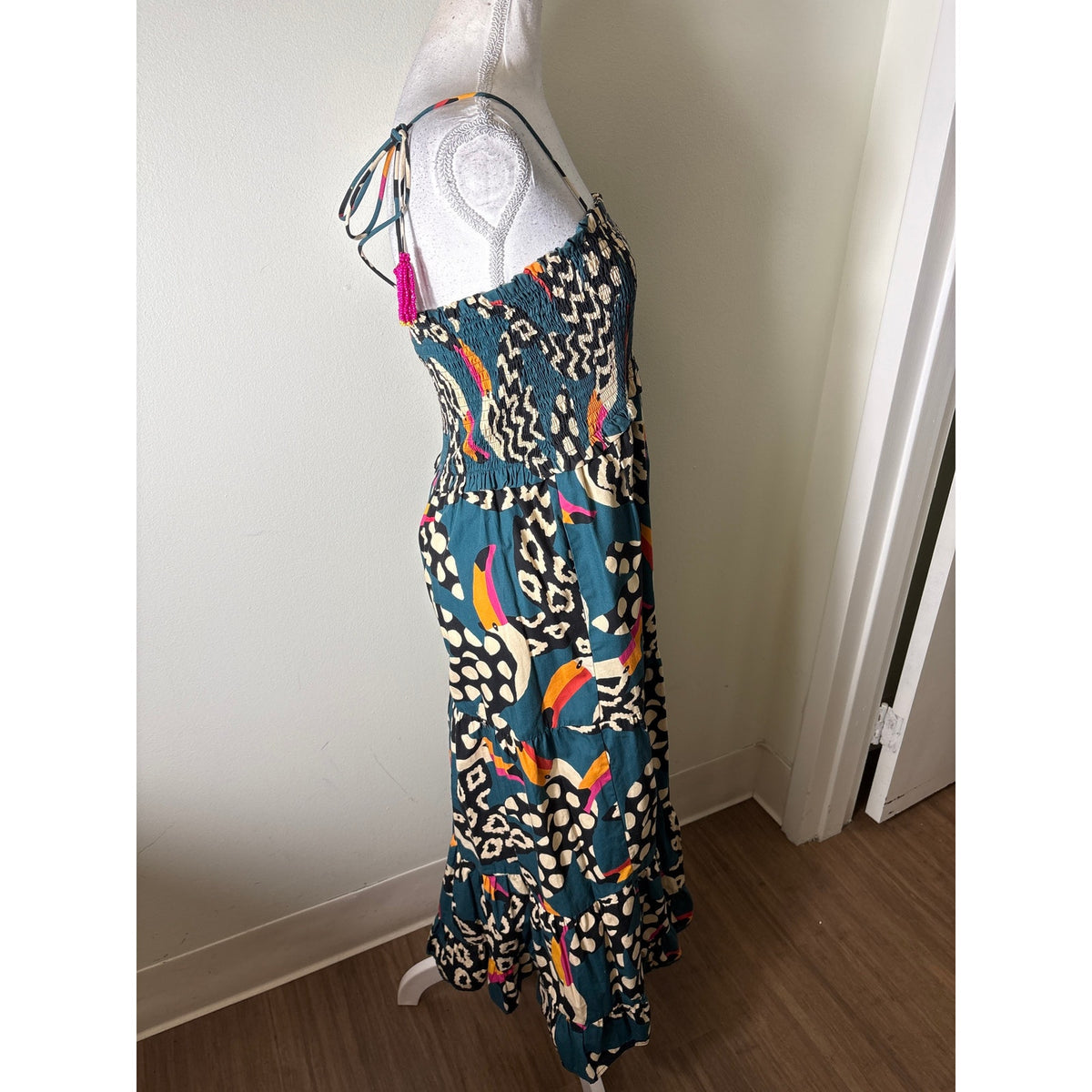 Farm Rio Dark Green Tucan Smocked Cotton Maxi Dress Sz M