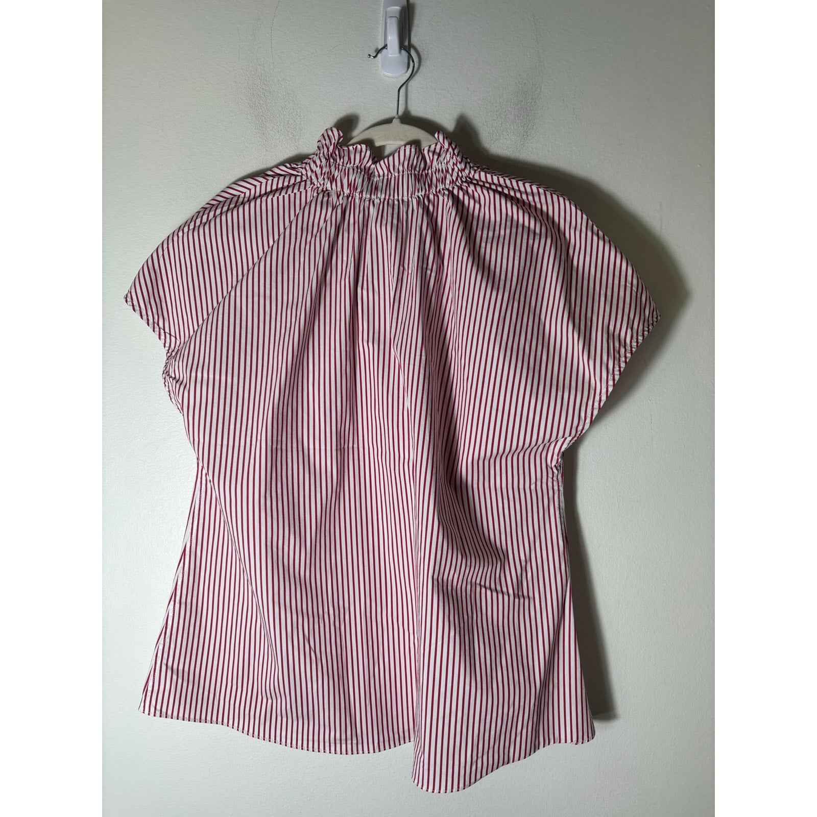 Pomander Place Red and White Stripe Ruffled Neck Shirt Sz M