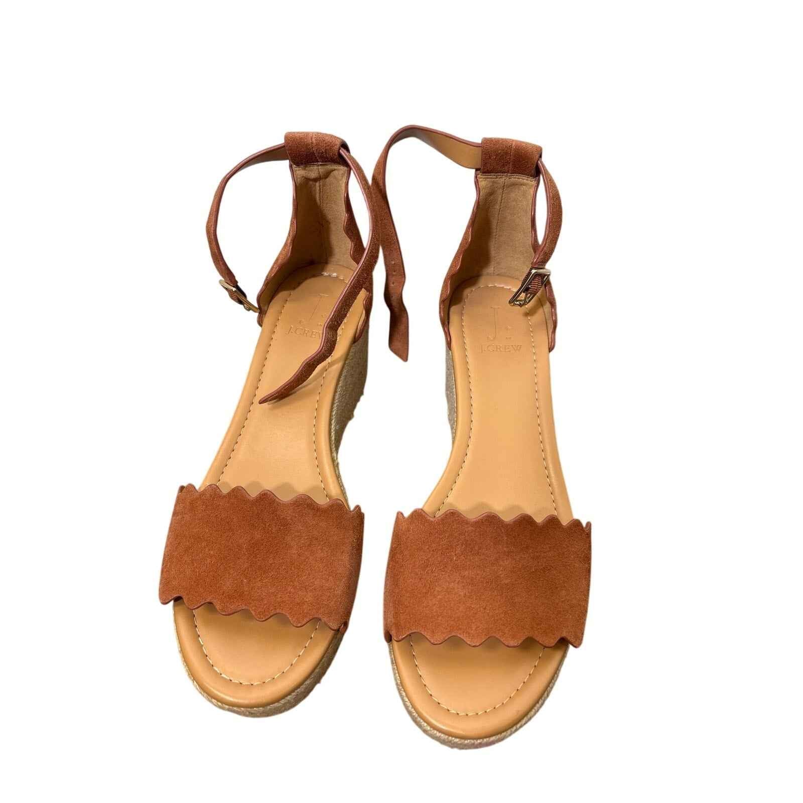 New J.Crew Borwn Suede Raffia Wedges Sz 8.5