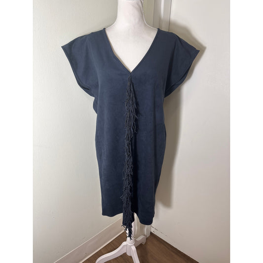 Marie Oliver Navy Faux Suede Fringed Front Dress Sz M