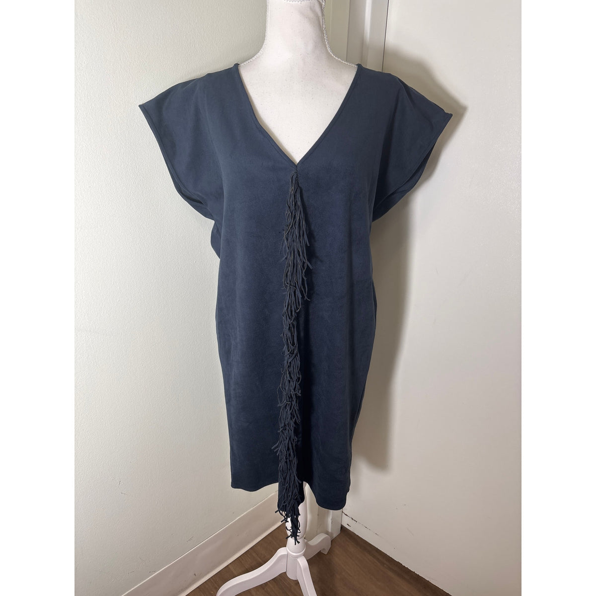 Marie Oliver Navy Faux Suede Fringed Front Dress Sz M