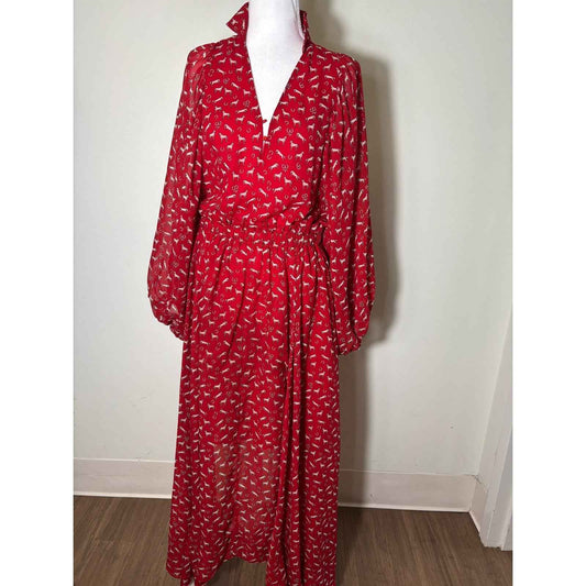 Doen Red Floral Long Sleeve Button Up Maxi Dress Sz S
