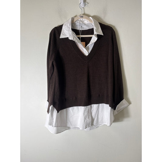 NWT Pearl by Lela Rose Chocolate Poplin Combo Sweater Sz L
