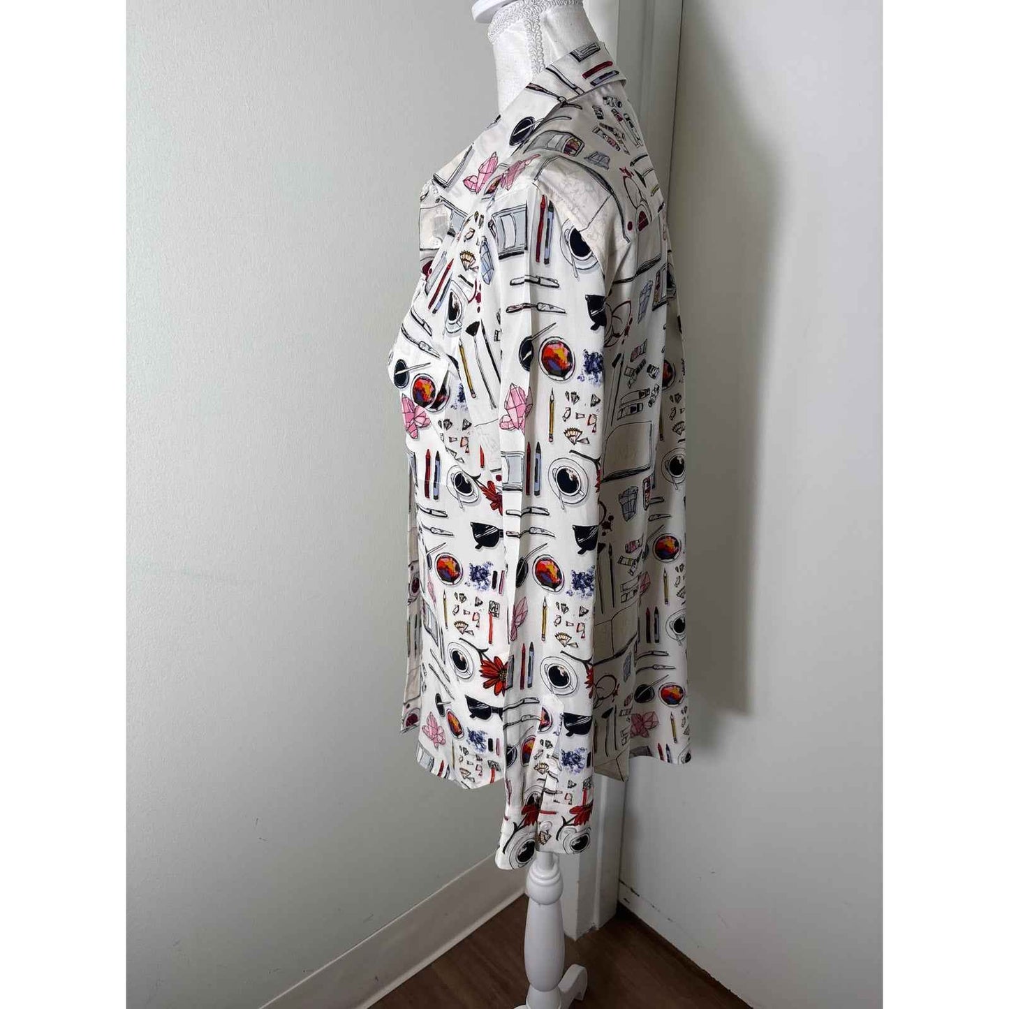 Equipment Femme White Art Print Long Sleeve Silk Button Up Shirt Sz M