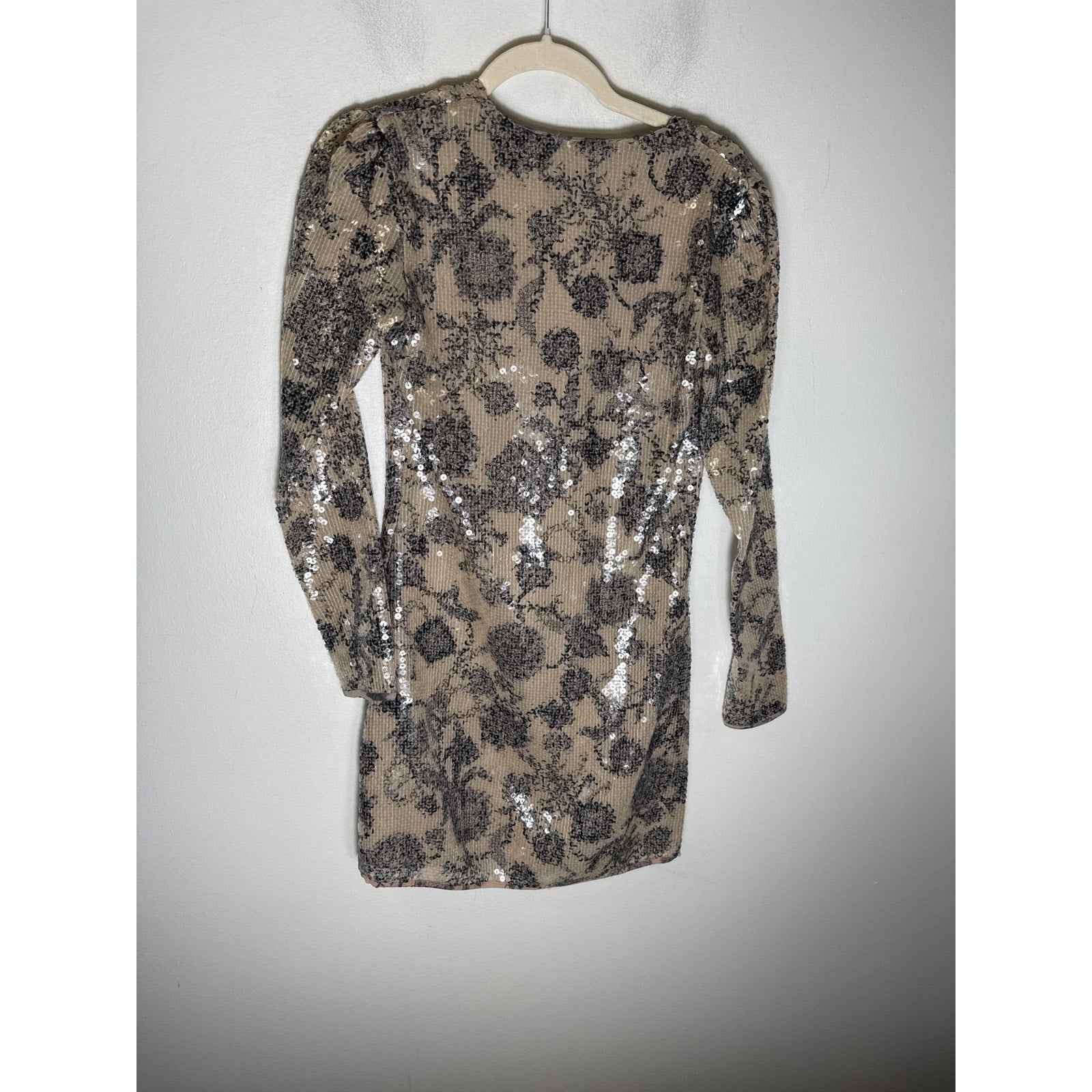 Cynthia Rowley Beige Black Print Long Sleeve V-Neck Mini Dress Sz 4