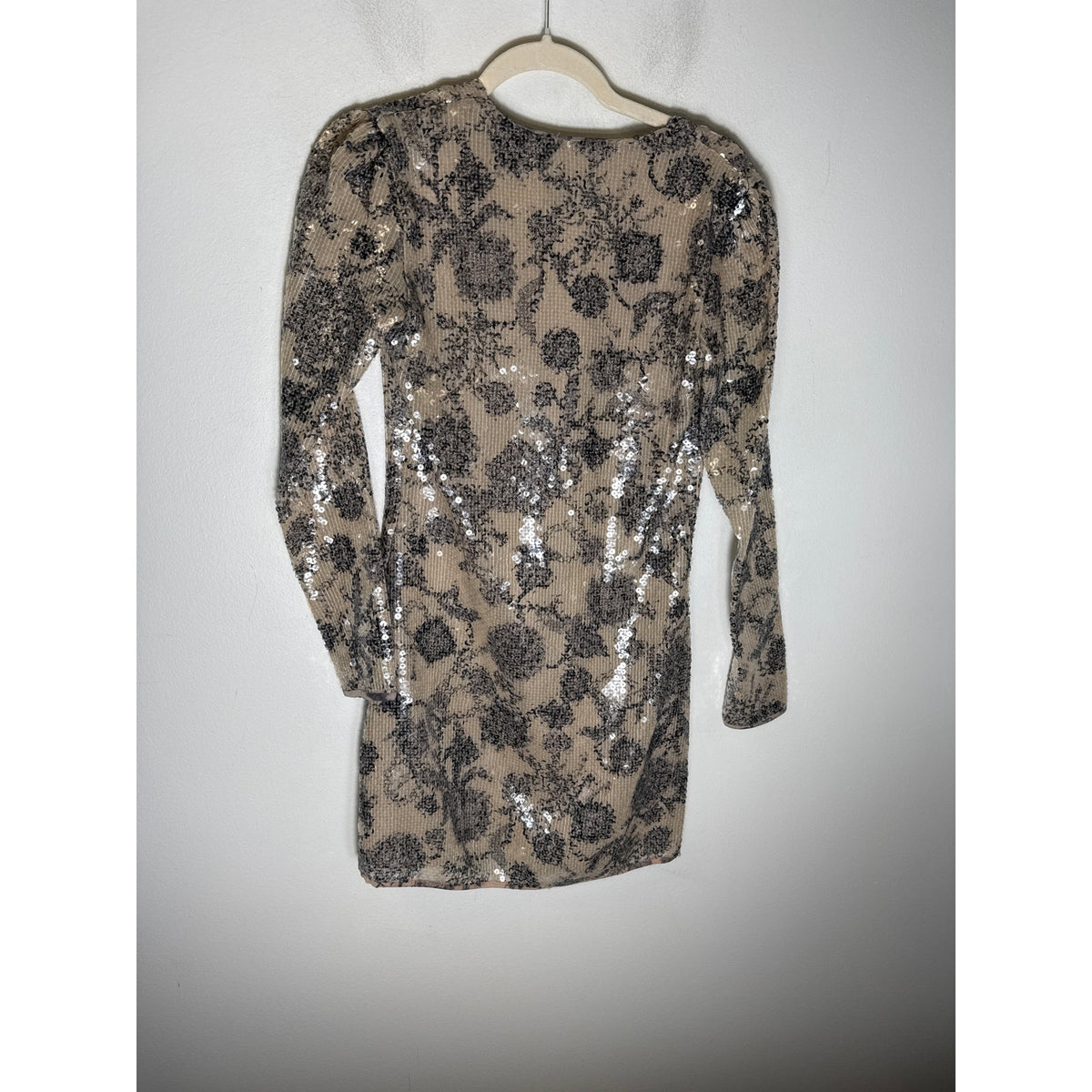 Cynthia Rowley Beige Black Print Long Sleeve V-Neck Mini Dress Sz 4