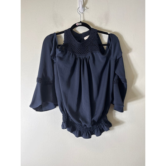 Ramy Brook Navy Blue Cold Shoulder Long Sleeve Crocheted Shirt Sz M