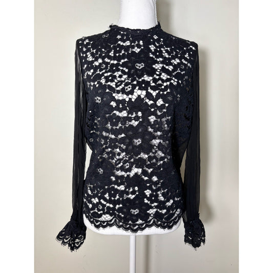 Alexis Black Sheer Lace Long Sleeve Scalloped Special Occasion Top Sz XS