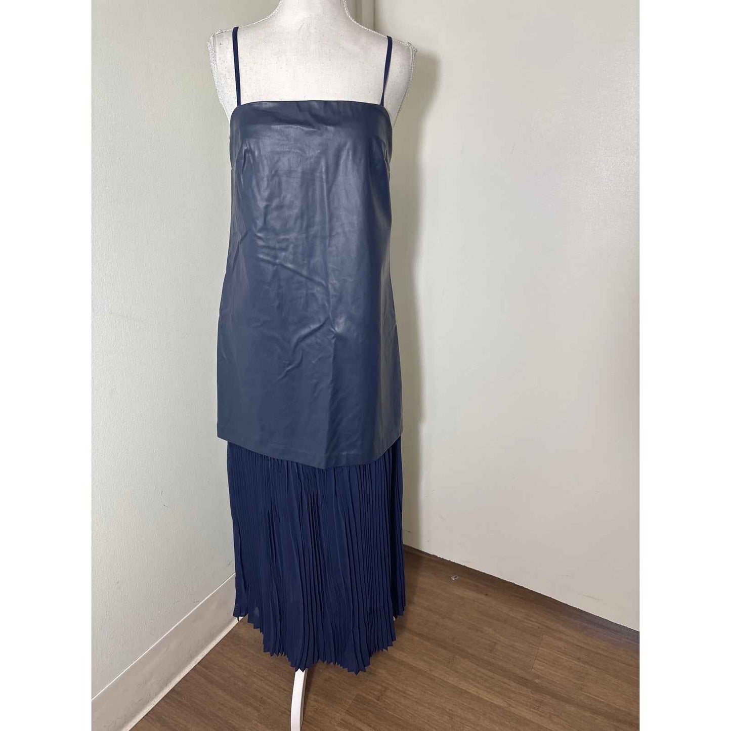 NWT Hyacinth House Navy Faux Leather and Chiffon Pleated Maxi Dress Sz S