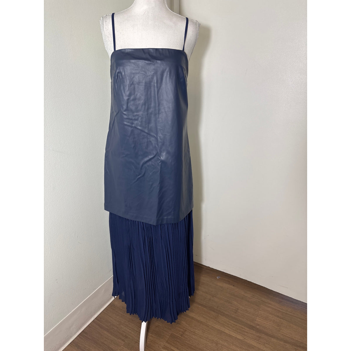 NWT Hyacinth House Navy Faux Leather and Chiffon Pleated Maxi Dress Sz S