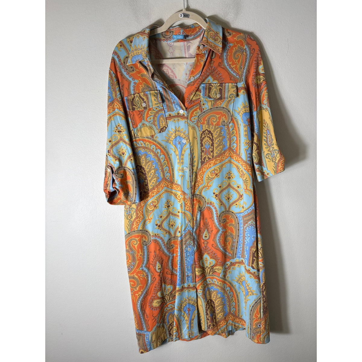 J. McLaughlin Ligbt Blue and Orange 3/5 Sleeve Button Up Midi Dress Sz M