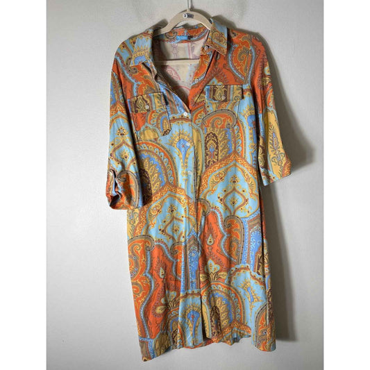 J. McLaughlin Ligbt Blue and Orange 3/5 Sleeve Button Up Midi Dress Sz M