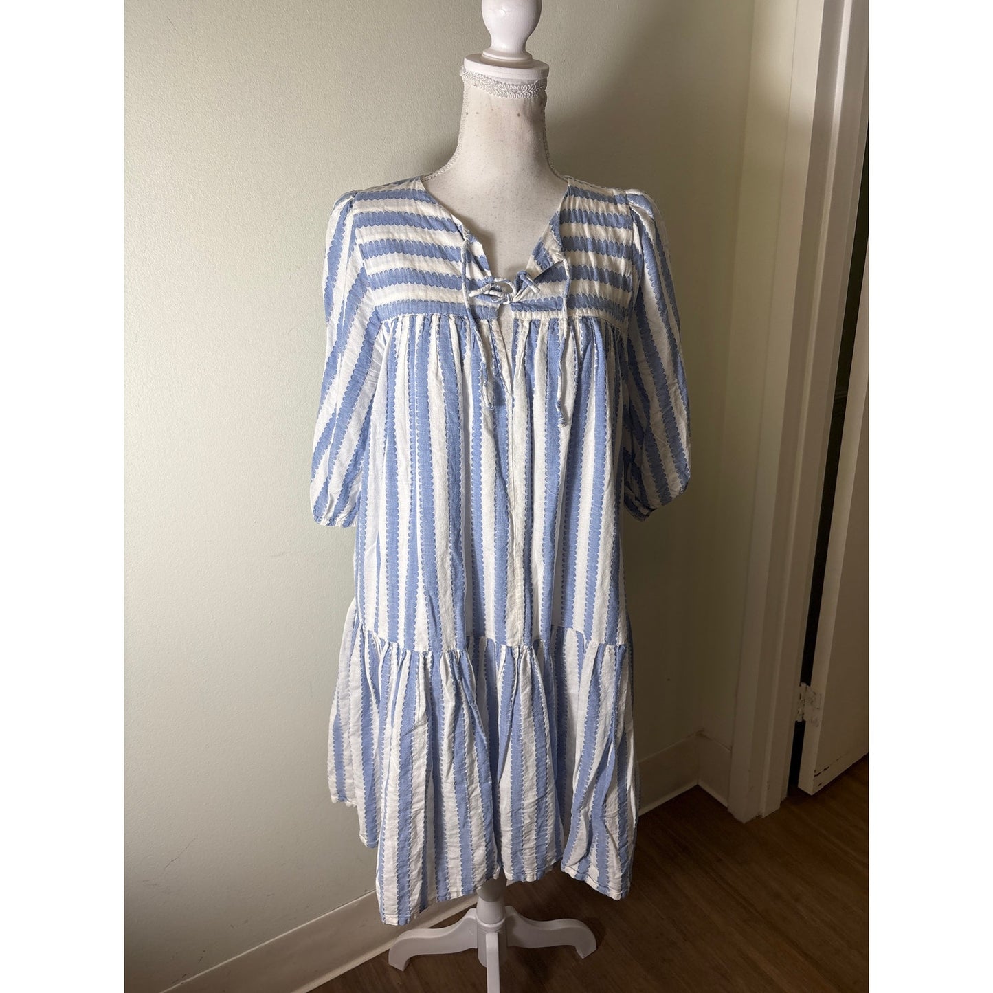 India Collection by Emerson Fry Blue and White Drop Waist Tiered Dress Sz M/L