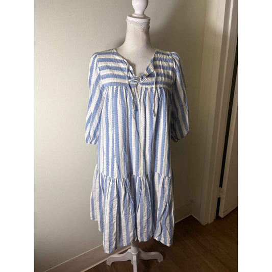 India Collection by Emerson Fry Blue and White Drop Waist Tiered Dress Sz M/L